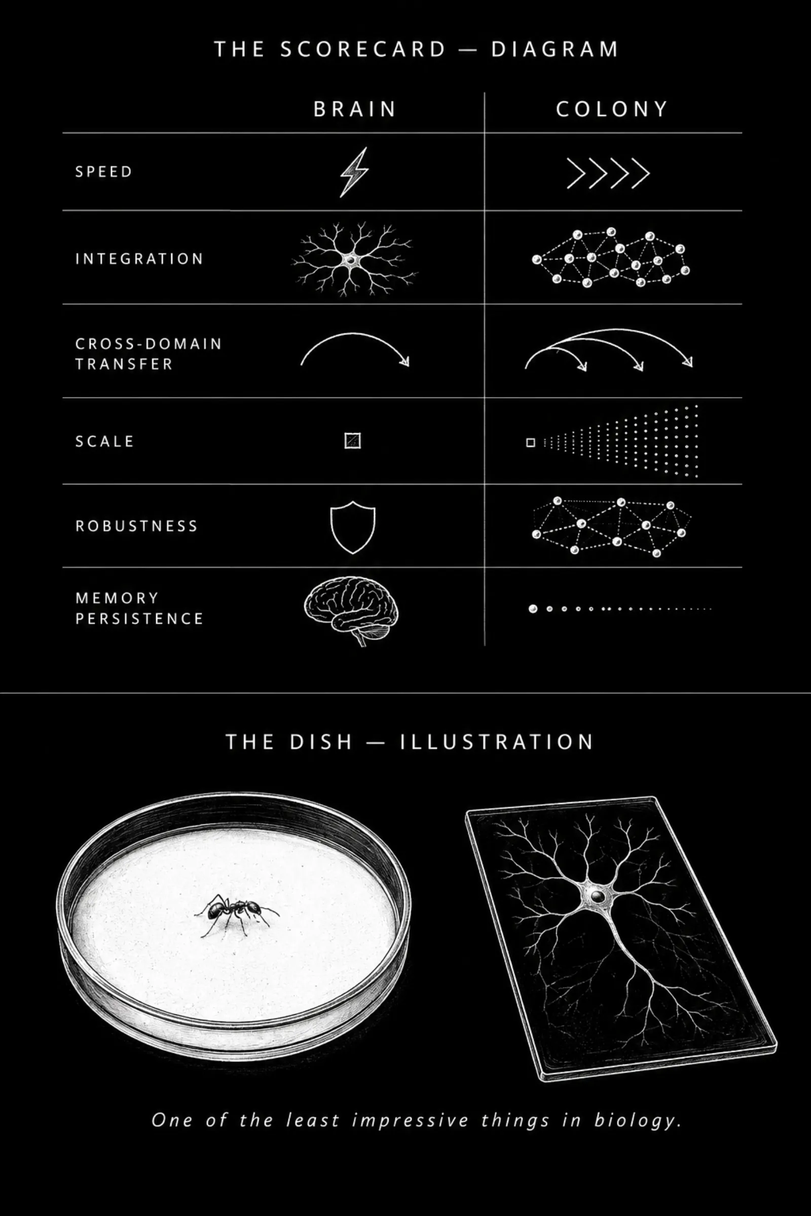 A single ant alone in an empty petri dish, beside a neuron on a glass slide. Caption: one of the least impressive things in biology.