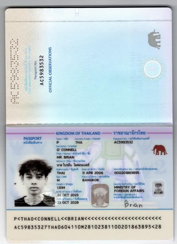 Thai passport, photo page: Mr Brian O'Connell (นาย ไบรอัน โอคอนเนลล์), born 11 April 2006 in Bangkok, height 1.81 m. Issued 24 October 2023, expires 23 October 2028. Signed by him: "Brian".