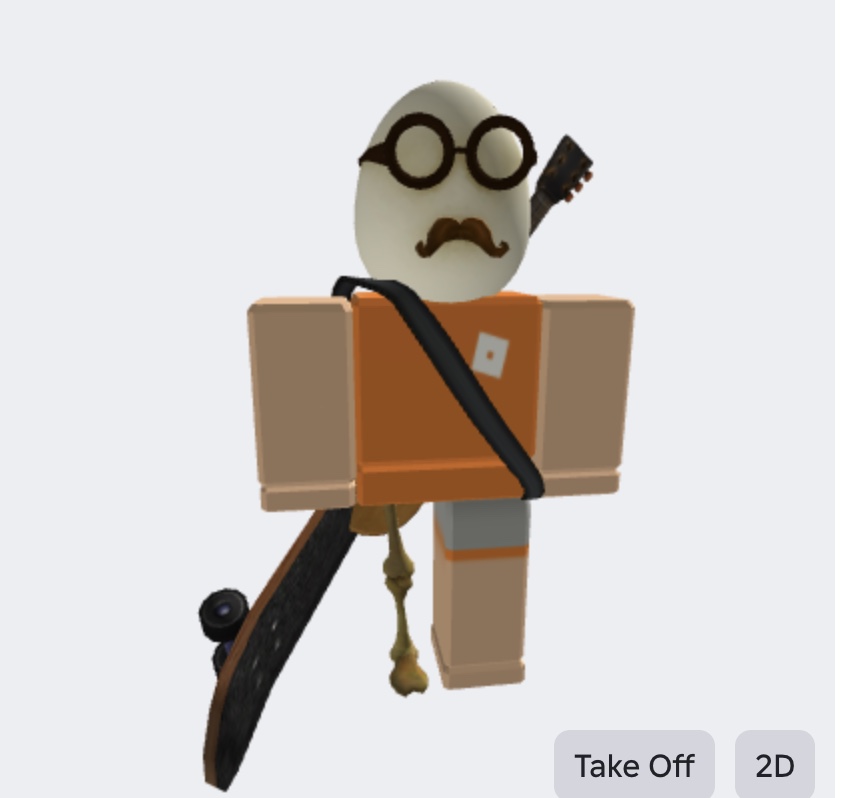 Brian's Roblox avatar in the 3D viewer: an egg for a head, round glasses and a moustache, an orange Roblox T-shirt, a guitar slung across his back, a skateboard at his side. The avatar's right leg is a wooden leg — the same leg as the femur that carries the plate in Section C. The account has passed to his step-brother, Chaw.